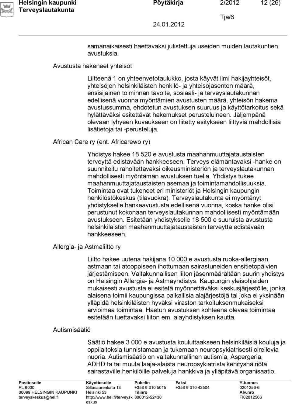 sosiaali- ja terveyslautakunnan edellisenä vuonna myöntämien avustusten määrä, yhteisön hakema avustussumma, ehdotetun avustuksen suuruus ja käyttötarkoitus sekä hylättäväksi esitettävät hakemukset