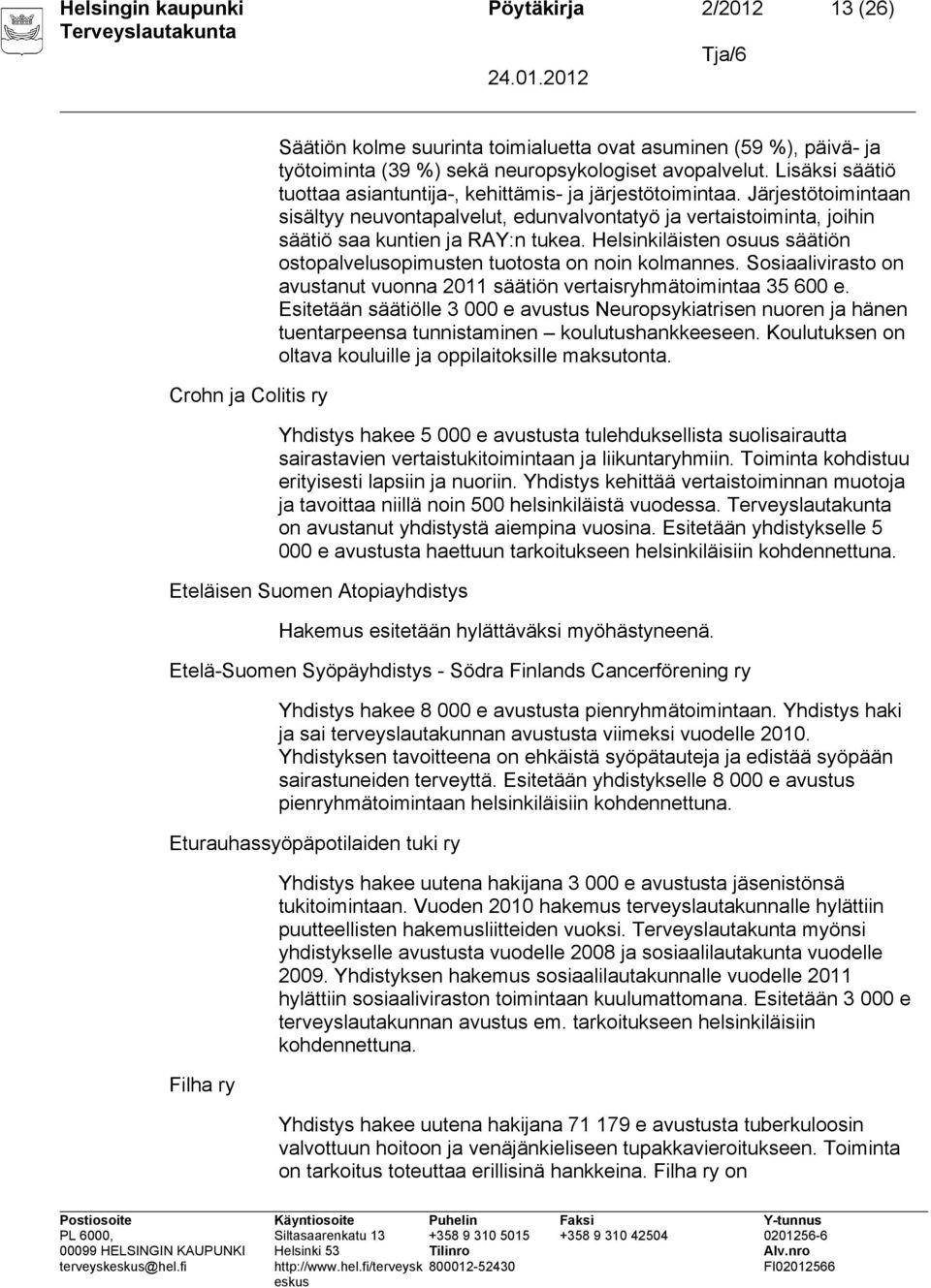 Helsinkiläisten osuus säätiön ostopalvelusopimusten tuotosta on noin kolmannes. Sosiaalivirasto on avustanut vuonna 2011 säätiön vertaisryhmätoimintaa 35 600 e.