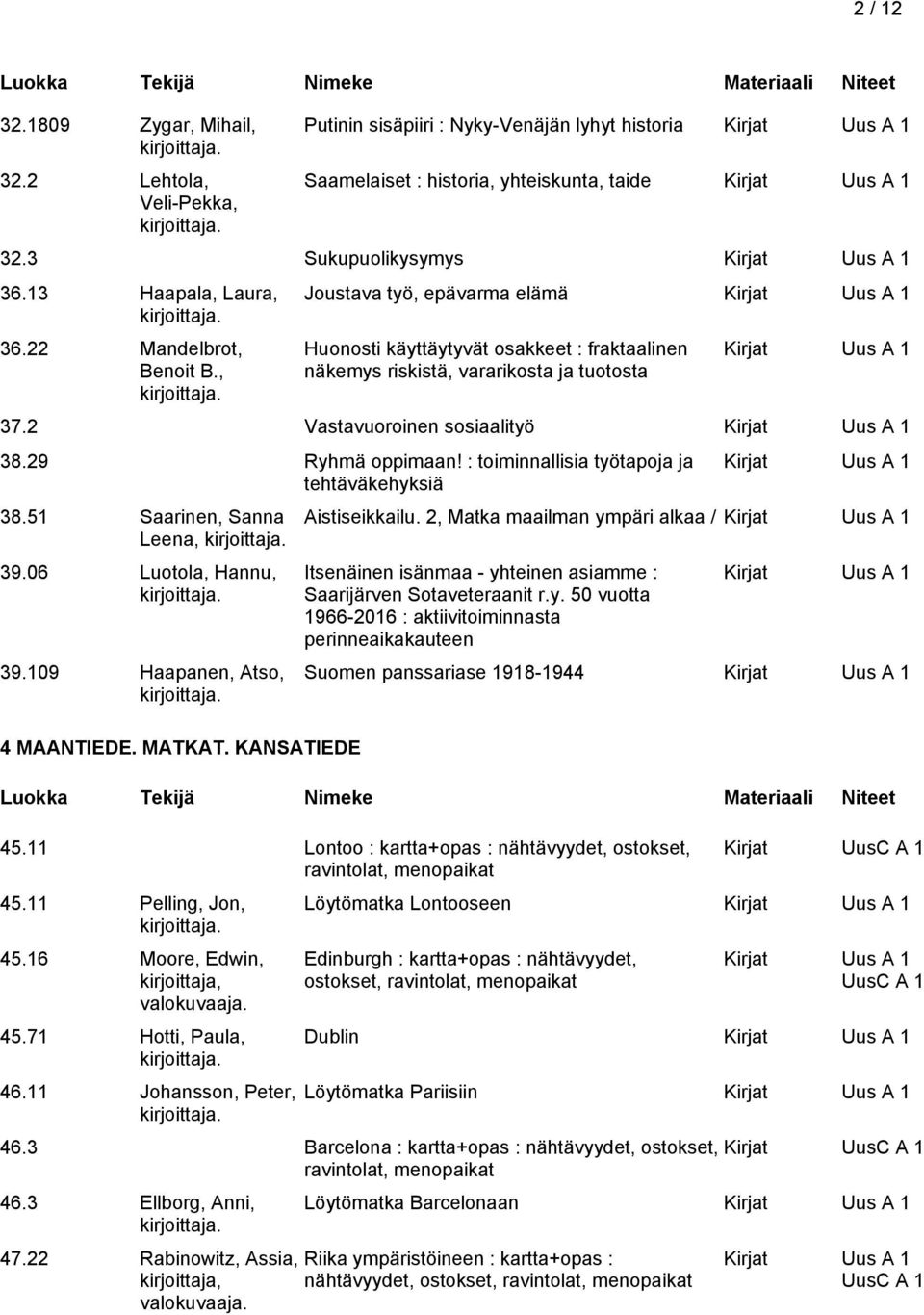 : toiminnallisia työtapoja ja tehtäväkehyksiä 38.5 Saarinen, Sanna Leena, 39.06 Luotola, Hannu, 39.09 Haapanen, Atso, 4 MAANTIEDE. MATKAT. KANSATIEDE Aistiseikkailu.