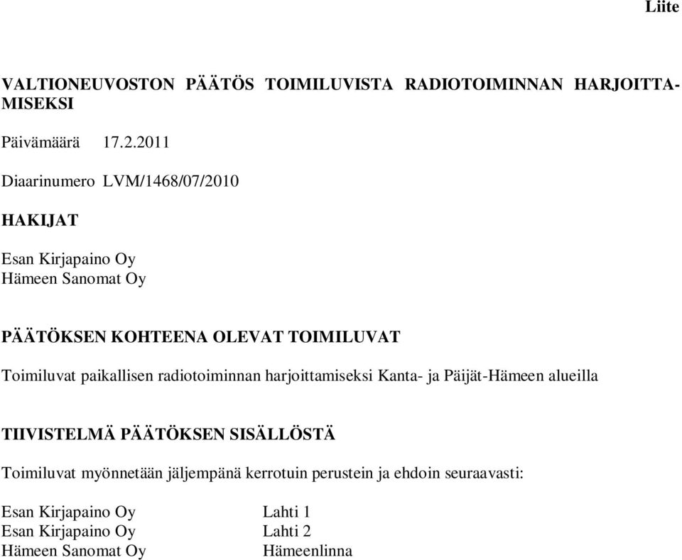 Toimiluvat paikallisen radiotoiminnan harjoittamiseksi Kanta- ja Päijät-Hämeen alueilla TIIVISTELMÄ PÄÄTÖKSEN SISÄLLÖSTÄ