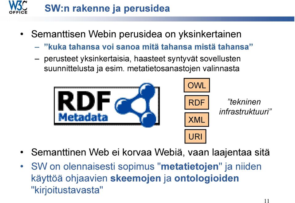 metatietosanastojen valinnasta OWL RDF XML tekninen infrastruktuuri URI Semanttinen Web ei korvaa Webiä, vaan