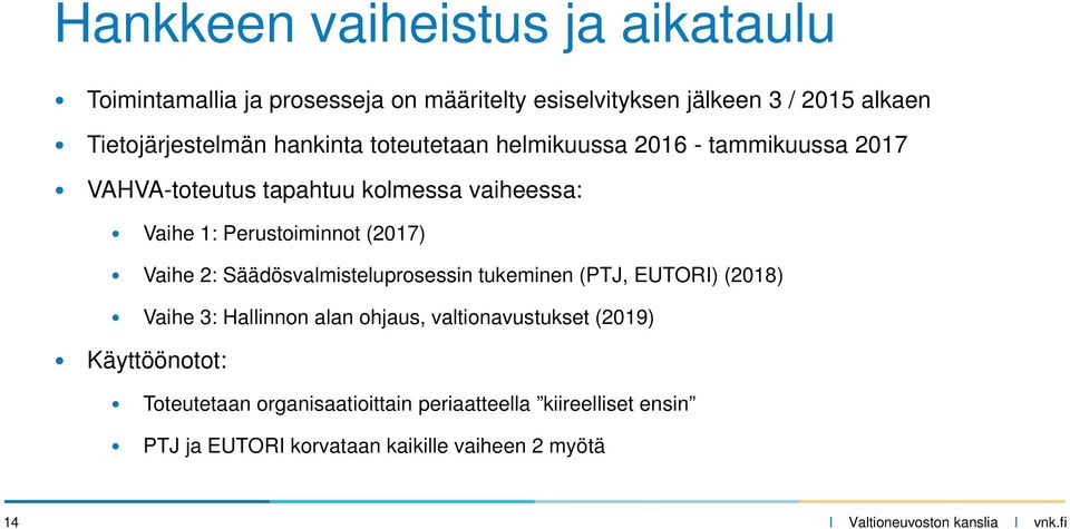 Perustoiminnot (2017) Vaihe 2: Säädösvalmisteluprosessin tukeminen (PTJ, EUTORI) (2018) Vaihe 3: Hallinnon alan ohjaus,