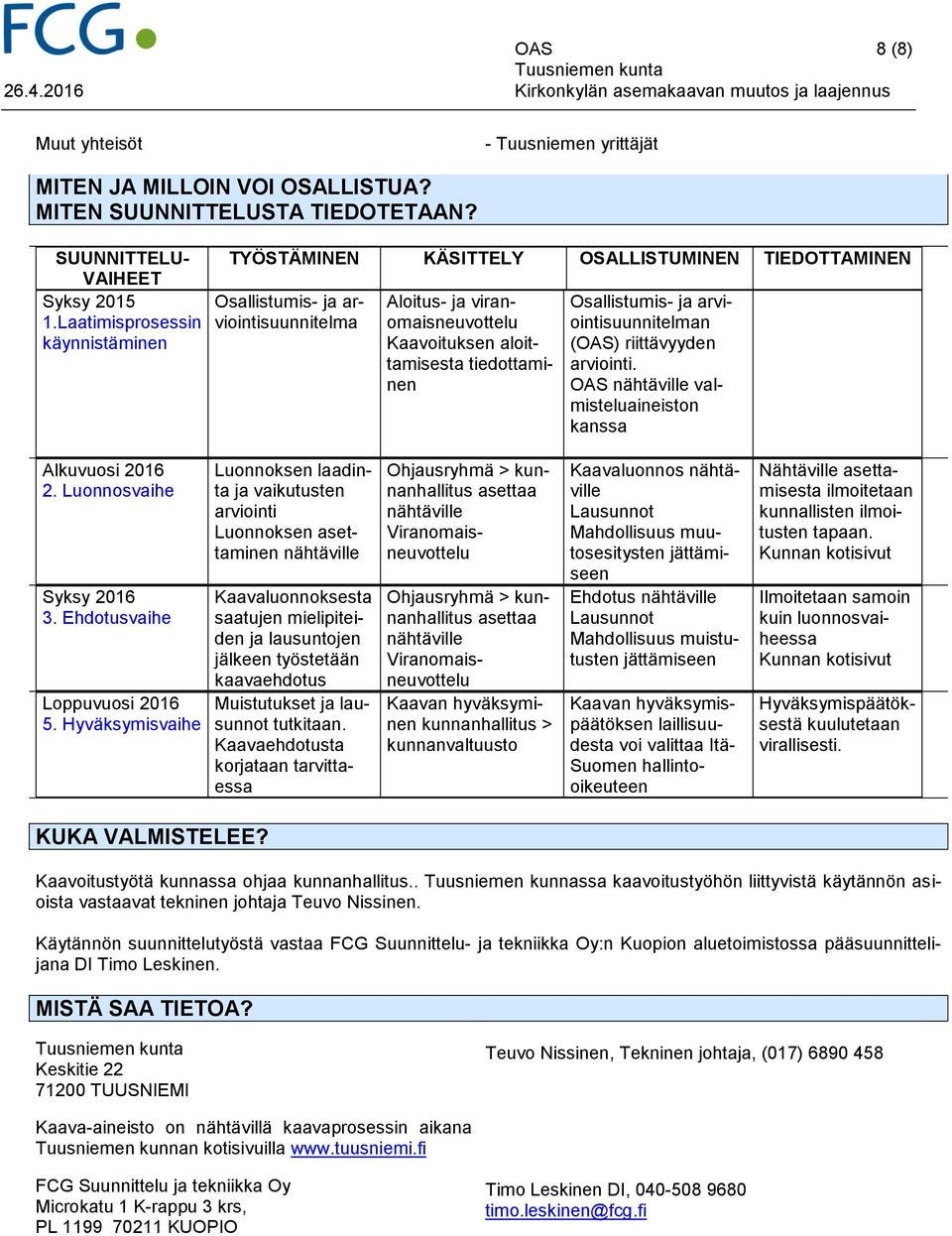 Osallistumis- ja arviointisuunnitelman (OAS) riittävyyden arviointi. OAS nähtäville valmisteluaineiston kanssa Alkuvuosi 2016 2. Luonnosvaihe Syksy 2016 3. Ehdotusvaihe Loppuvuosi 2016 5.