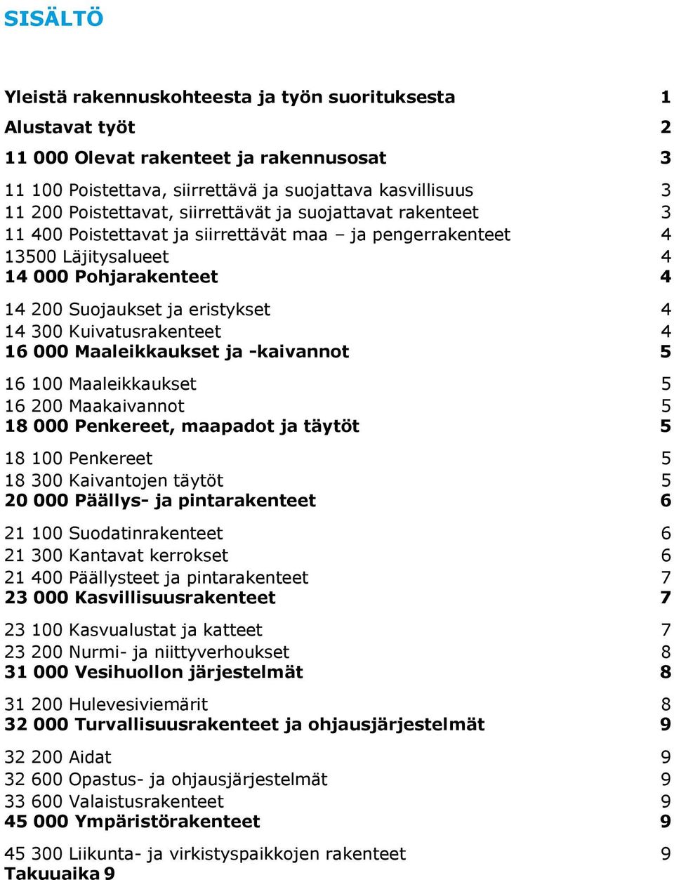 Kuivatusrakenteet 16 000 Maaleikkaukset ja -kaivannot 4 5 16 100 Maaleikkaukset 5 16 200 Maakaivannot 18 000 Penkereet, maapadot ja täytöt 5 5 18 100 Penkereet 5 18 300 Kaivantojen täytöt 20 000