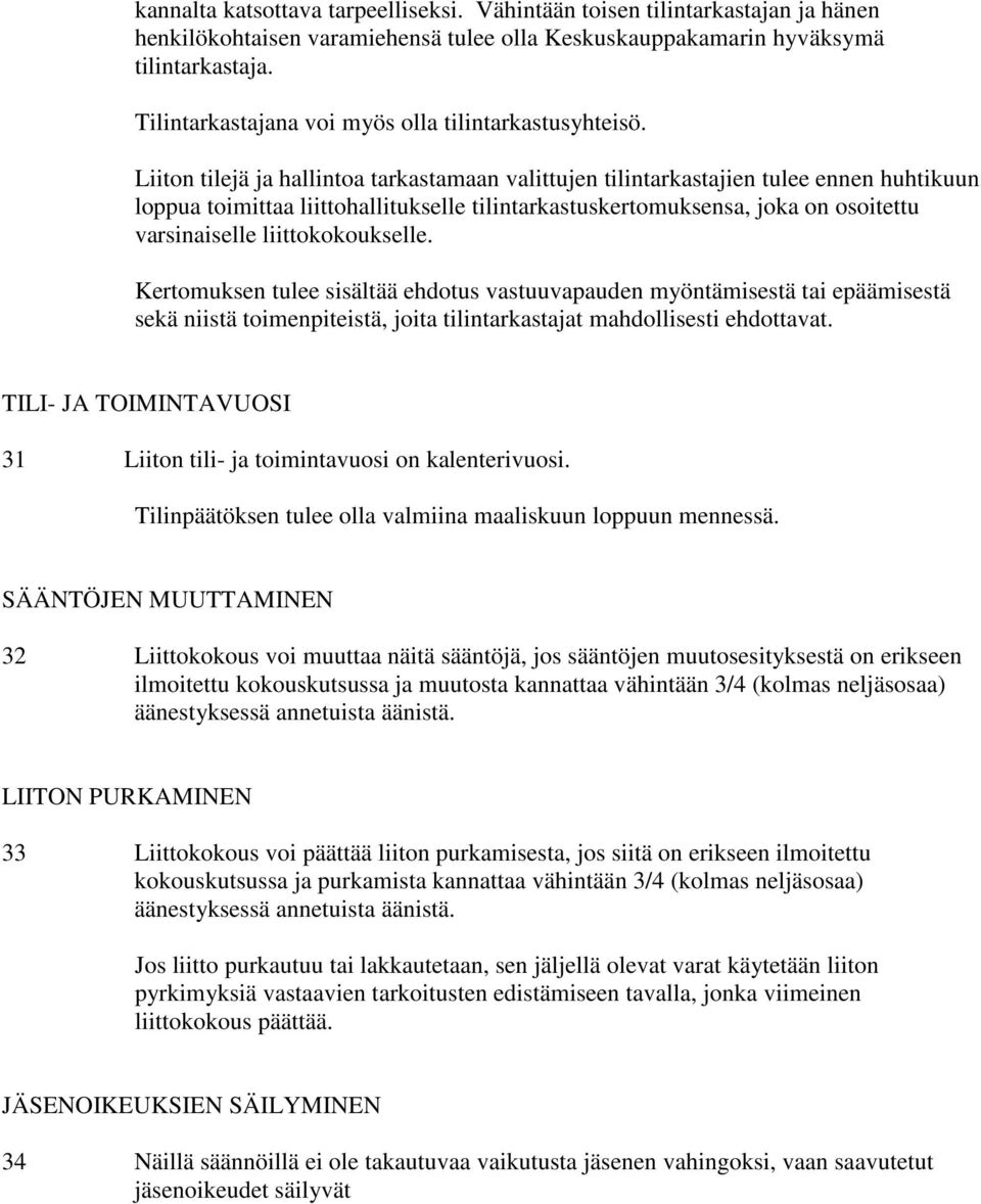 Liiton tilejä ja hallintoa tarkastamaan valittujen tilintarkastajien tulee ennen huhtikuun loppua toimittaa liittohallitukselle tilintarkastuskertomuksensa, joka on osoitettu varsinaiselle