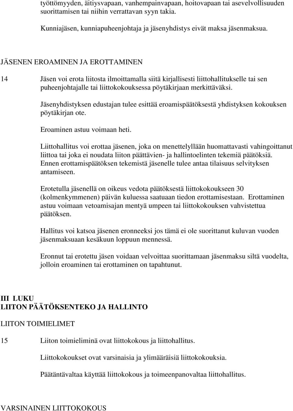 JÄSENEN EROAMINEN JA EROTTAMINEN 14 Jäsen voi erota liitosta ilmoittamalla siitä kirjallisesti liittohallitukselle tai sen puheenjohtajalle tai liittokokouksessa pöytäkirjaan merkittäväksi.