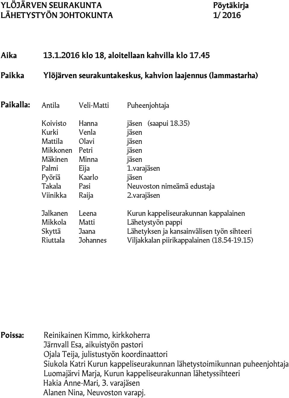 35) Kurki Venla jäsen Mattila Olavi jäsen Mikkonen Petri jäsen Mäkinen Minna jäsen Palmi Eija 1.varajäsen Pyöriä Kaarlo jäsen Takala Pasi Neuvoston nimeämä edustaja Viinikka Raija 2.