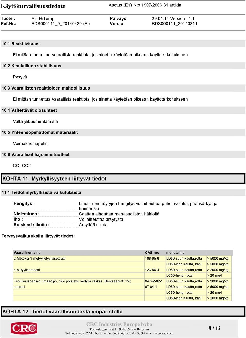 5 Yhteensopimattomat materiaalit Voimakas hapetin 10.6 Vaaralliset hajoamistuotteet CO, CO2 KOHT 11: Myrkyllisyyteen liittyvät tiedot 11.