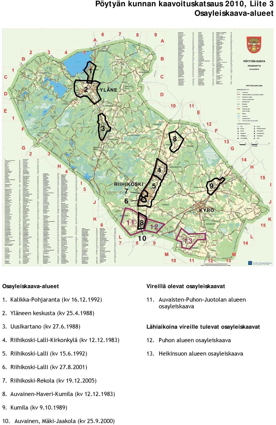 Auvaisten-Puhon-Juotolan alueen osayleiskaava Lähiaikoina vireille tulevat osayleiskaavat 12. Puhon alueen osayleiskaava 13. Heikinsuon alueen osayleiskaava 6.