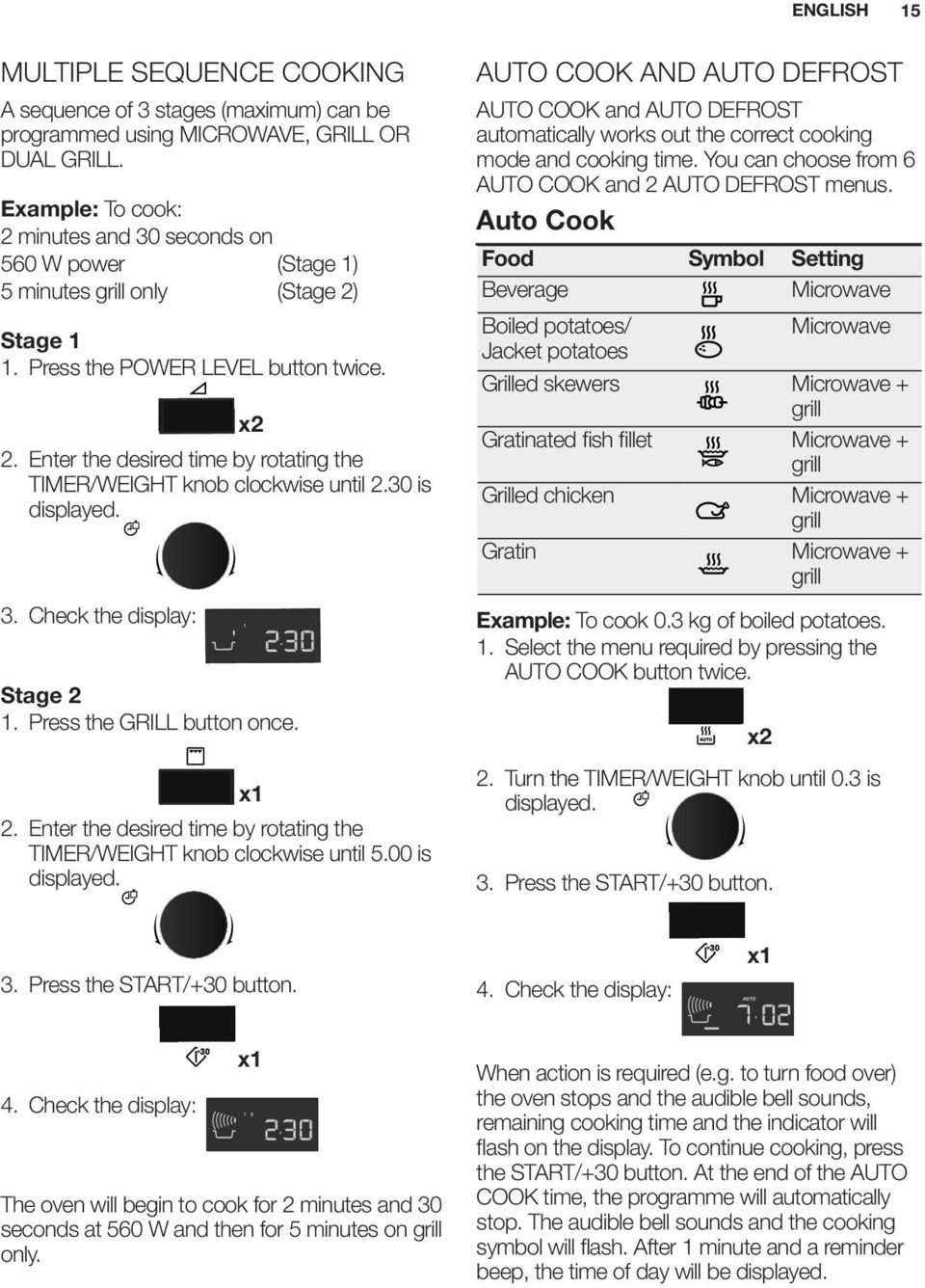 30 is displayed. 3. Check the display: x2 Stage 2 1. Press the GRILL button once. x1 2. Enter the desired time by rotating the TIMER/WEIGHT knob clockwise until 5.00 is displayed.