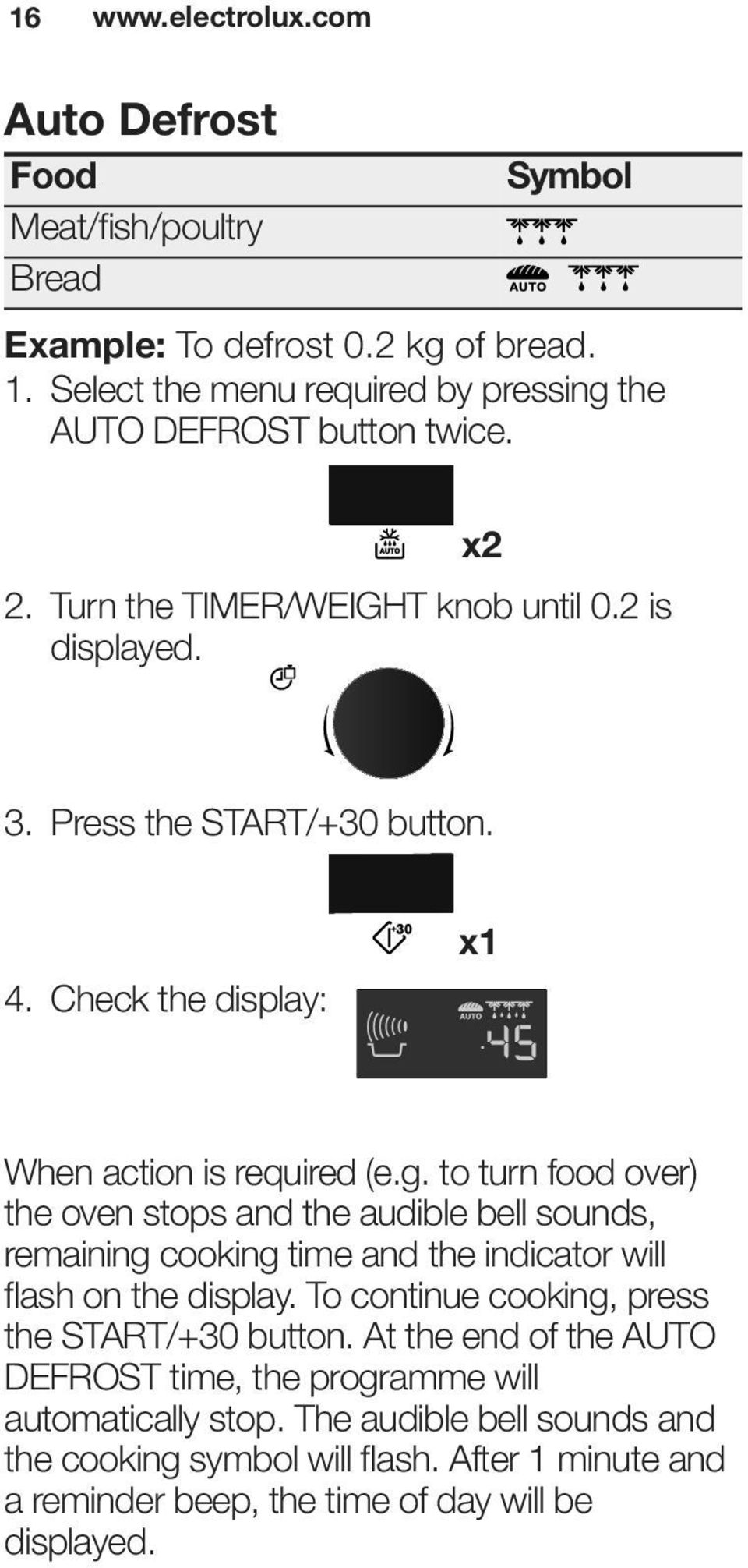 to turn food over) the oven stops and the audible bell sounds, remaining cooking time and the indicator will flash on the display.