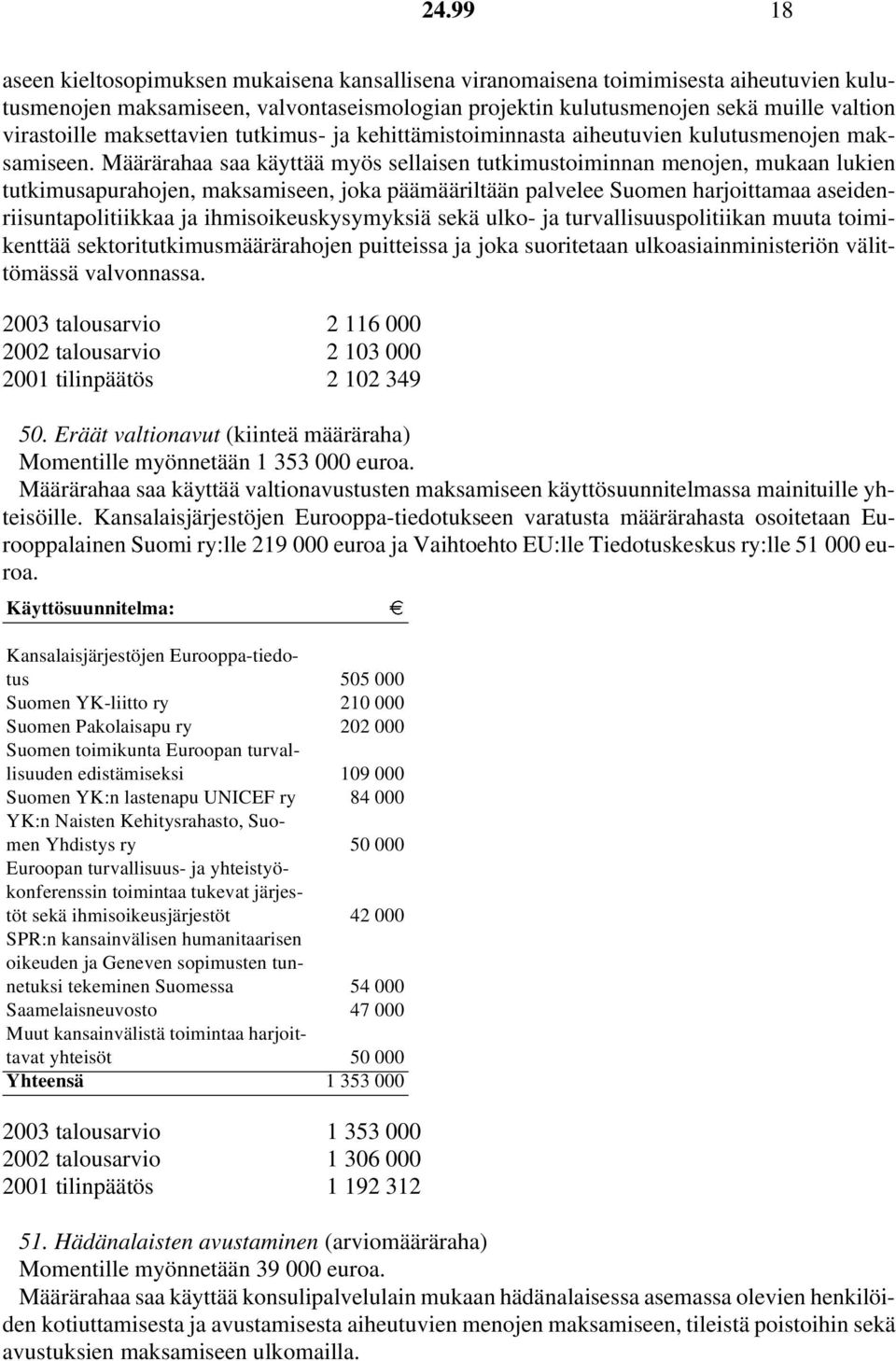 Määrärahaa saa käyttää myös sellaisen tutkimustoiminnan menojen, mukaan lukien tutkimusapurahojen, maksamiseen, joka päämääriltään palvelee Suomen harjoittamaa aseidenriisuntapolitiikkaa ja