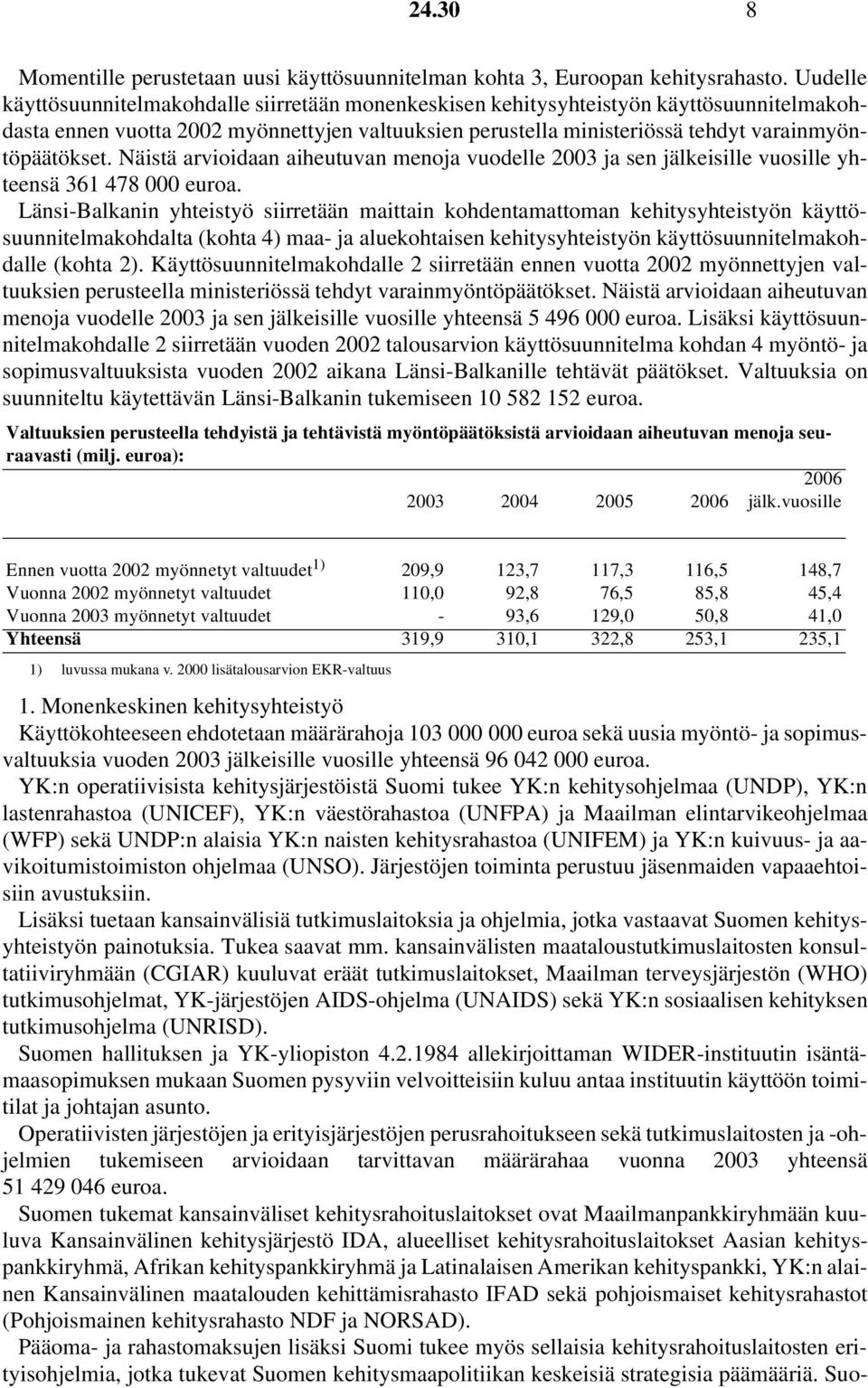 Näistä arvioidaan aiheutuvan menoja vuodelle 2003 ja sen jälkeisille vuosille yhteensä 361 478 000 euroa.