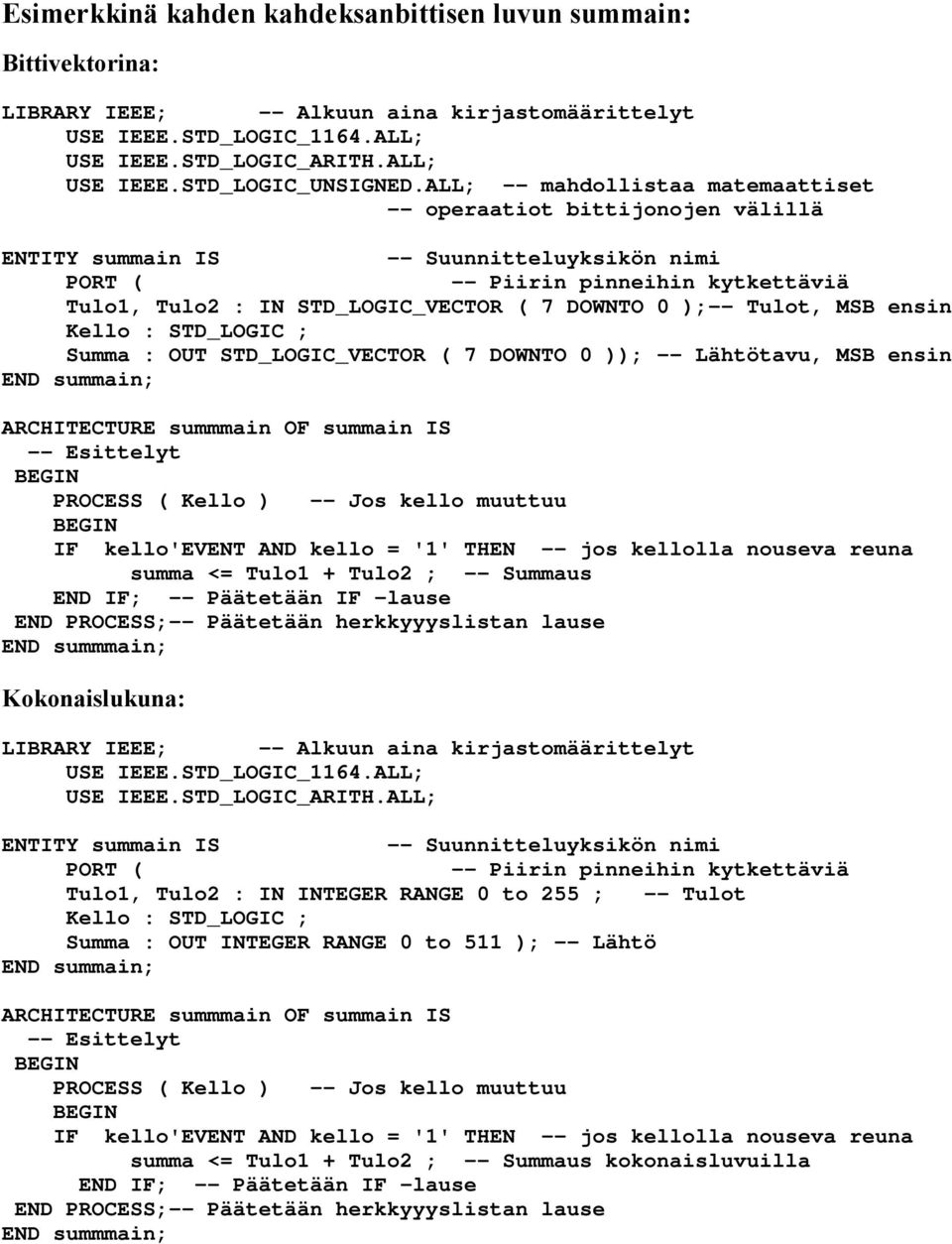 0 );-- Tulot, MSB ensin Kello : STD_LOGIC ; Summa : OUT STD_LOGIC_VECTOR ( 7 DOWNTO 0 )); -- Lähtötavu, MSB ensin END summain; ARCHITECTURE summmain OF summain IS -- Esittelyt PROCESS ( Kello ) --