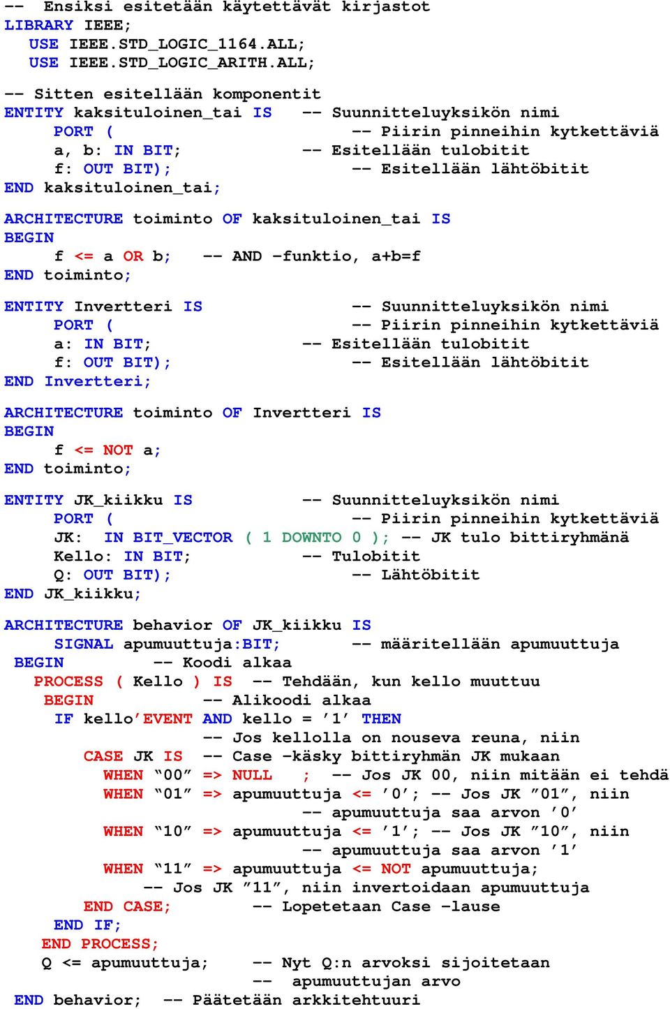 IS -- Suunnitteluyksikön nimi PORT ( -- Piirin pinneihin kytkettäviä a: IN BIT; -- Esitellään tulobitit f: OUT BIT); -- Esitellään lähtöbitit END Invertteri; ARCHITECTURE toiminto OF Invertteri IS f