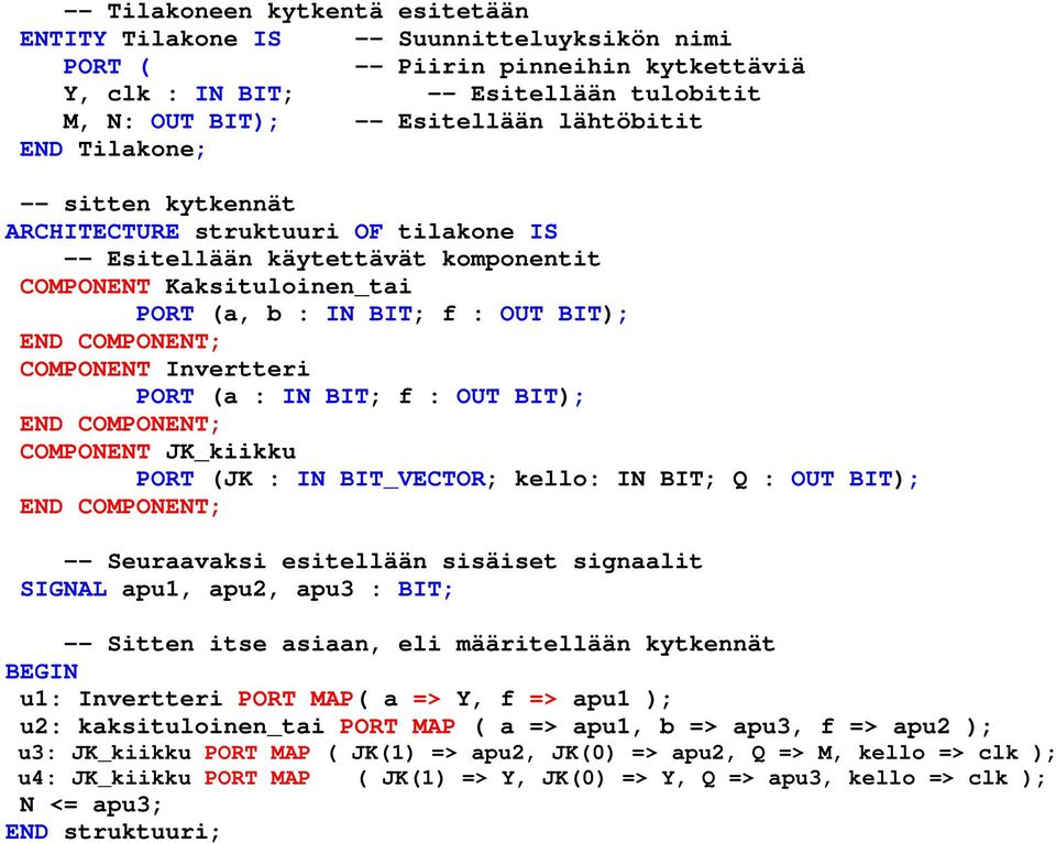 Invertteri PORT (a : IN BIT; f : OUT BIT); END COMPONENT; COMPONENT JK_kiikku PORT (JK : IN BIT_VECTOR; kello: IN BIT; Q : OUT BIT); END COMPONENT; -- Seuraavaksi esitellään sisäiset signaalit SIGNAL