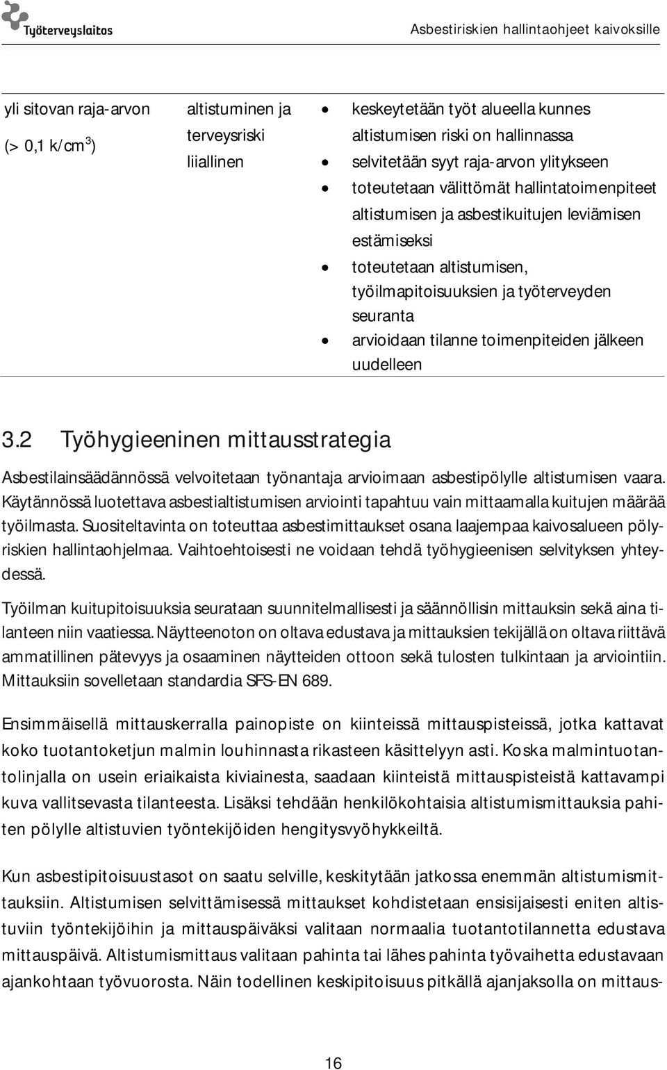jälkeen uudelleen 3.2 Työhygieeninen mittausstrategia Asbestilainsäädännössä velvoitetaan työnantaja arvioimaan asbestipölylle altistumisen vaara.