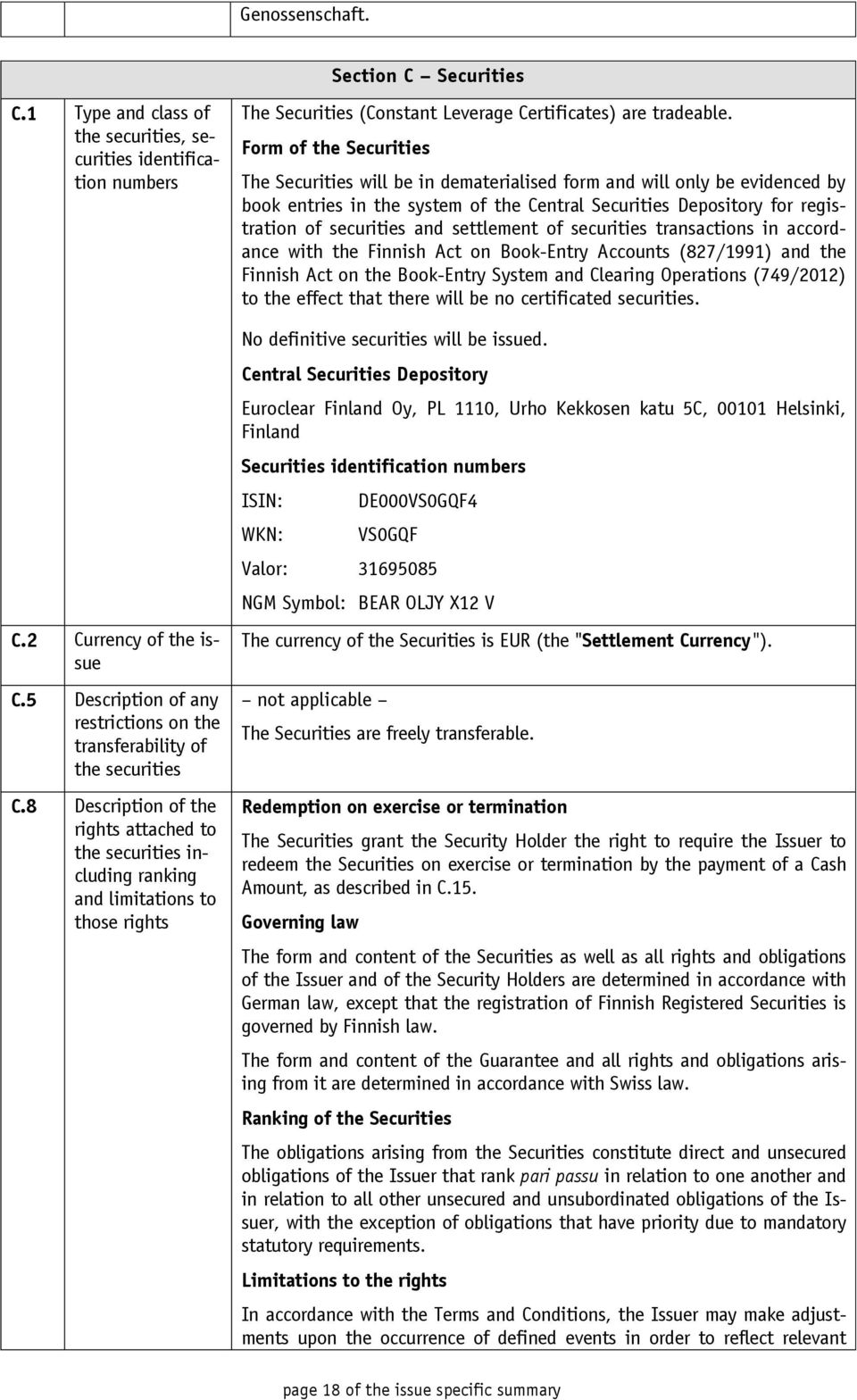 8 Description of the rights attached to the securities including ranking and limitations to those rights The Securities (Constant Leverage Certificates) are tradeable.