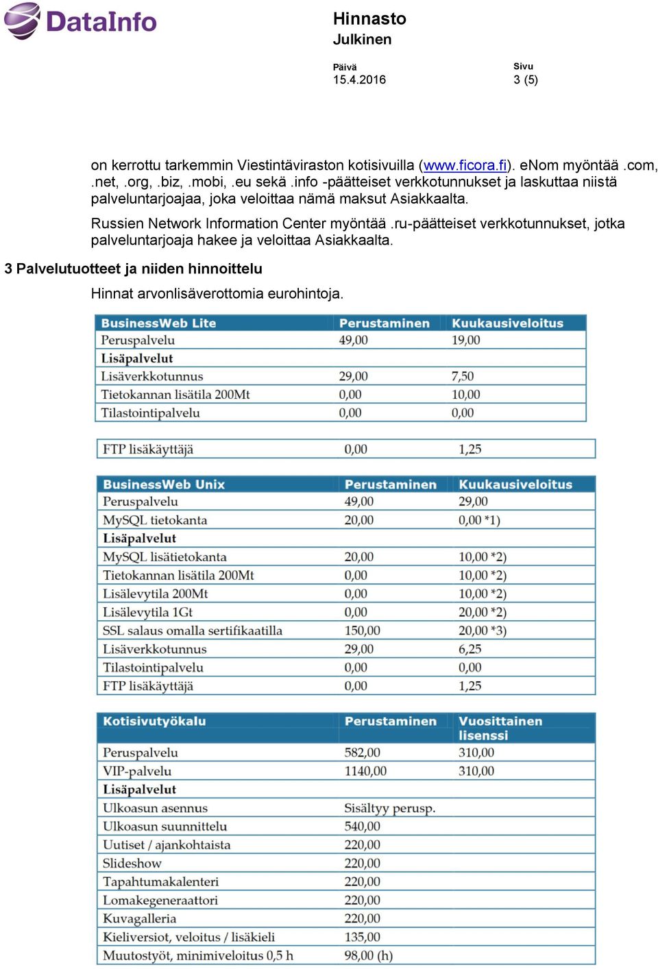 info -päätteiset verkkotunnukset ja laskuttaa niistä palveluntarjoajaa, joka veloittaa nämä maksut Asiakkaalta.