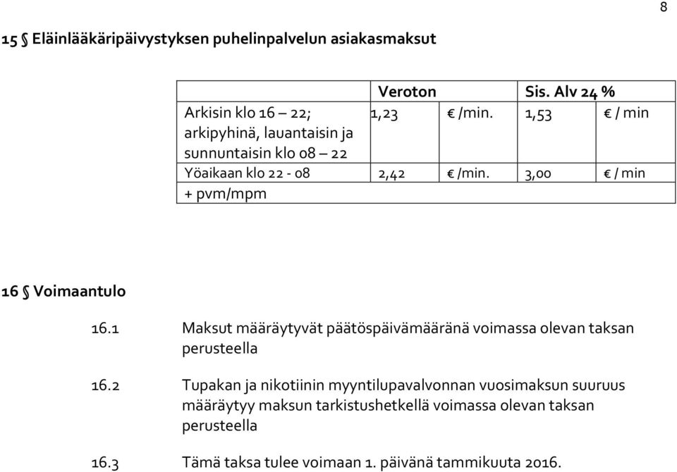 1 Maksut määräytyvät päätöspäivämääränä voimassa olevan taksan perusteella 16.