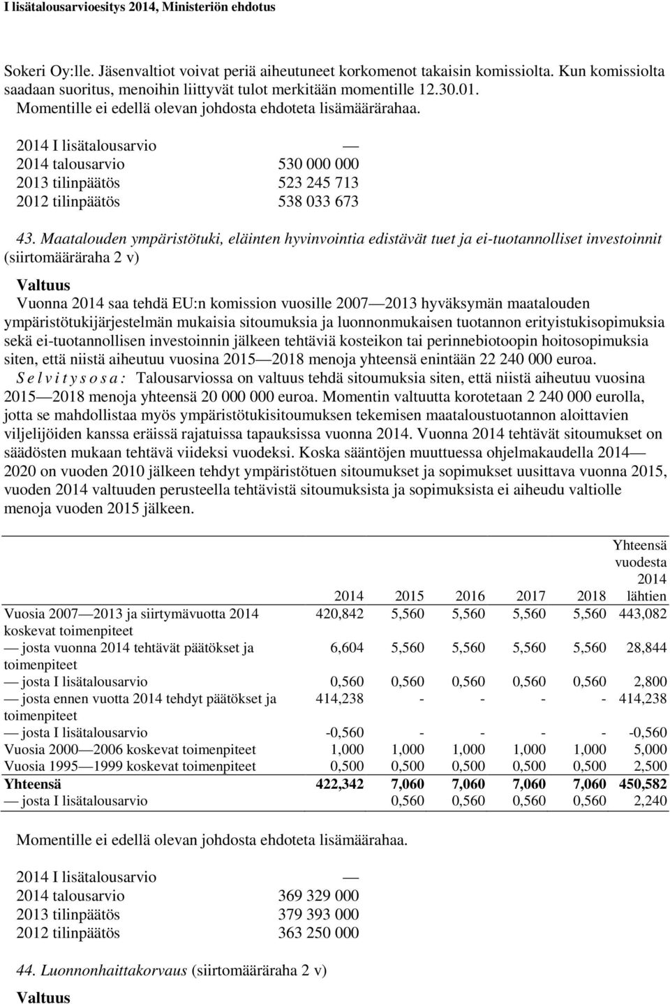 Maatalouden ympäristötuki, eläinten hyvinvointia edistävät tuet ja ei-tuotannolliset investoinnit (siirtomääräraha 2 v) Valtuus Vuonna 2014 saa tehdä EU:n komission vuosille 2007 2013 hyväksymän