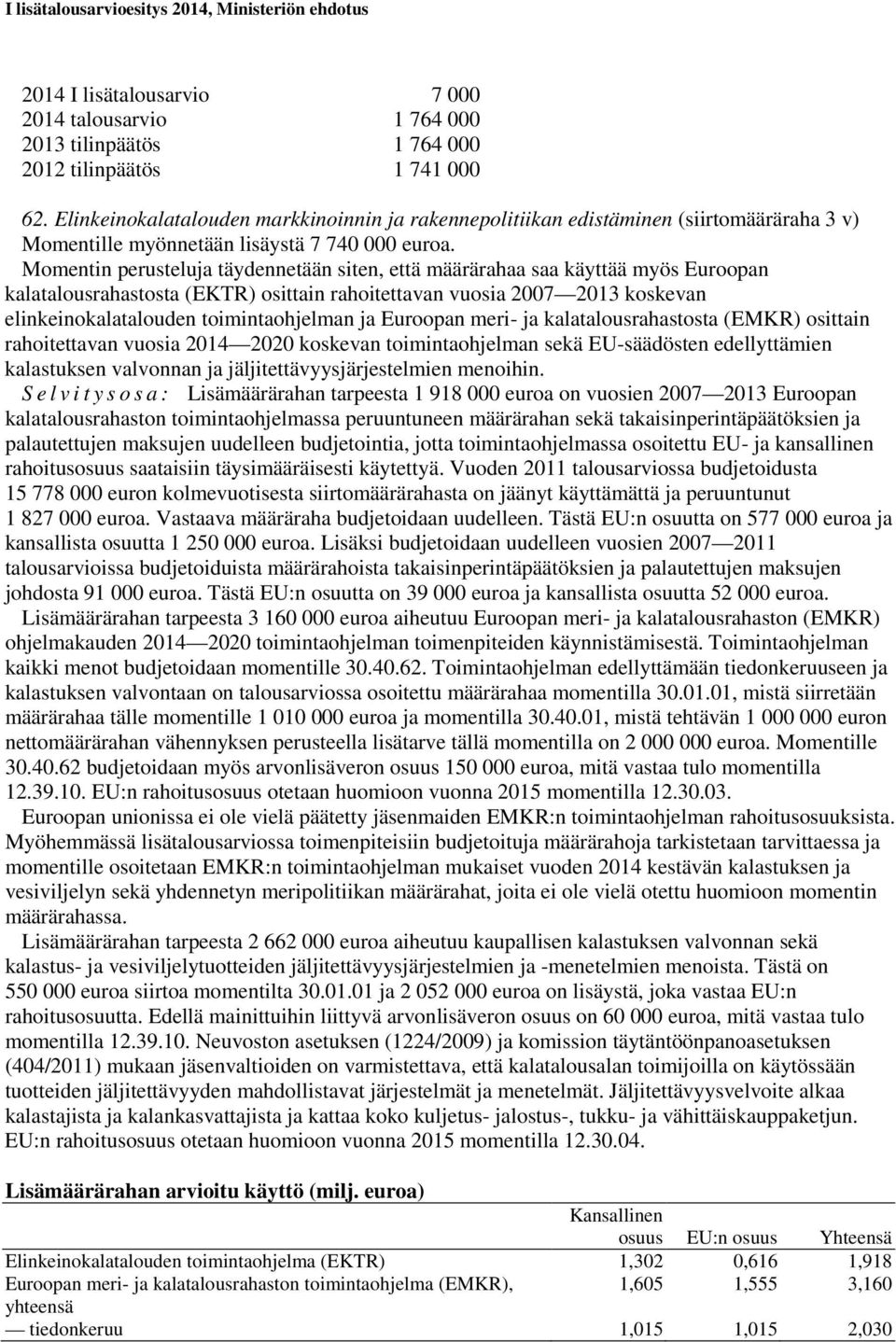 Momentin perusteluja täydennetään siten, että määrärahaa saa käyttää myös Euroopan kalatalousrahastosta (EKTR) osittain rahoitettavan vuosia 2007 2013 koskevan elinkeinokalatalouden toimintaohjelman