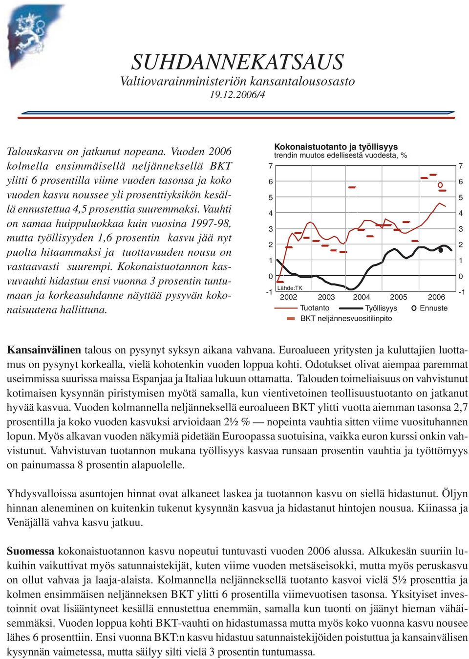 Vauhti on samaa huippuluokkaa kuin vuosina 9-9, mutta työllisyyden, prosentin kasvu jää nyt puolta hitaammaksi ja tuottavuuden nousu on vastaavasti suurempi.