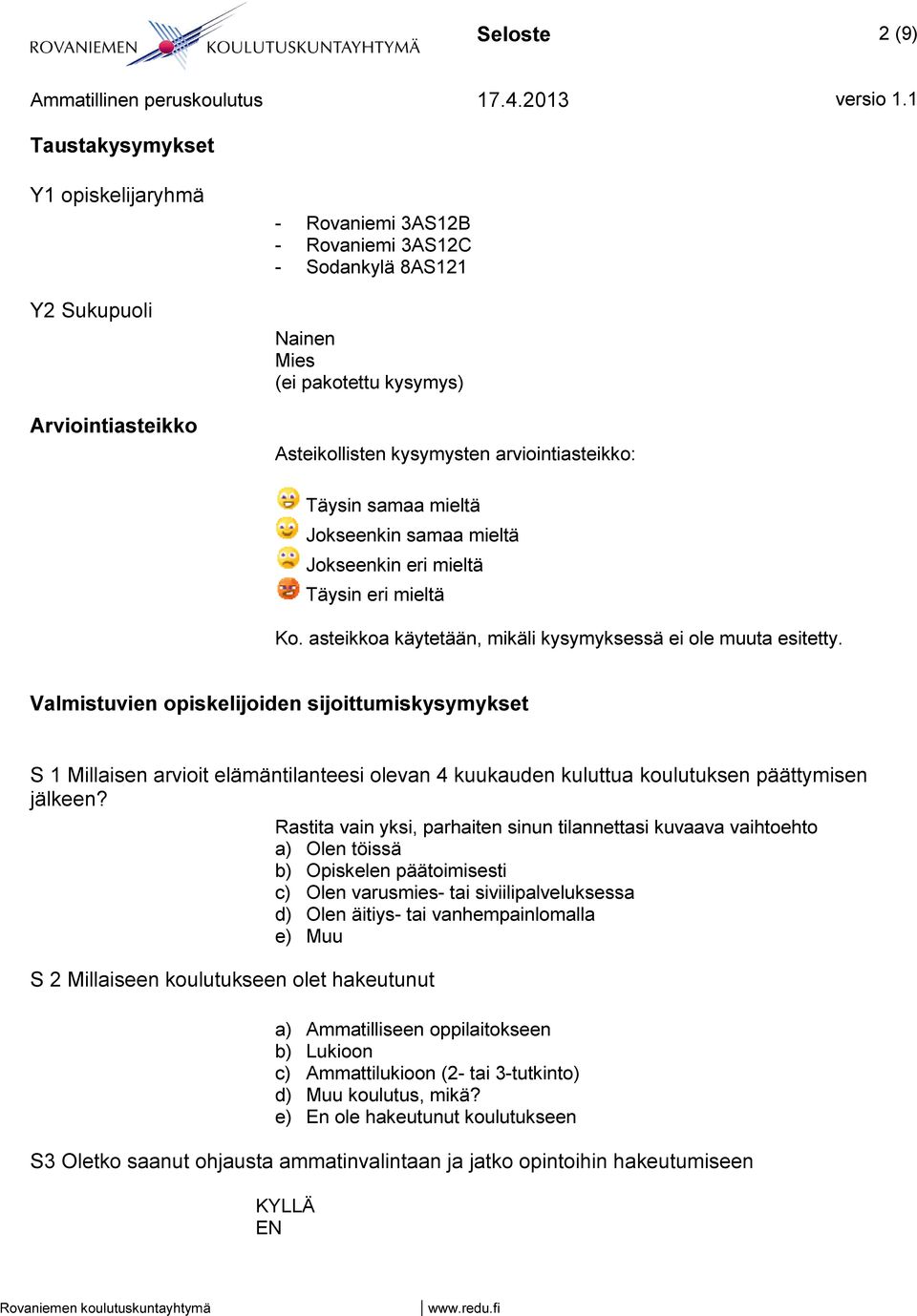 Valmistuvien opiskelijoiden sijoittumiskysymykset S 1 Millaisen arvioit elämäntilanteesi olevan 4 kuukauden kuluttua koulutuksen päättymisen jälkeen?