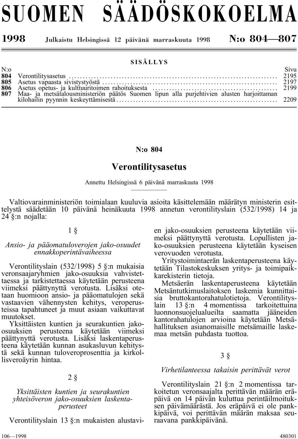 .. 2209 N:o 804 Verontilitysasetus Annettu Helsingissä 6 päivänä marraskuuta 1998 Valtiovarainministeriön toimialaan kuuluvia asioita käsittelemään määrätyn ministerin esittelystä säädetään 10