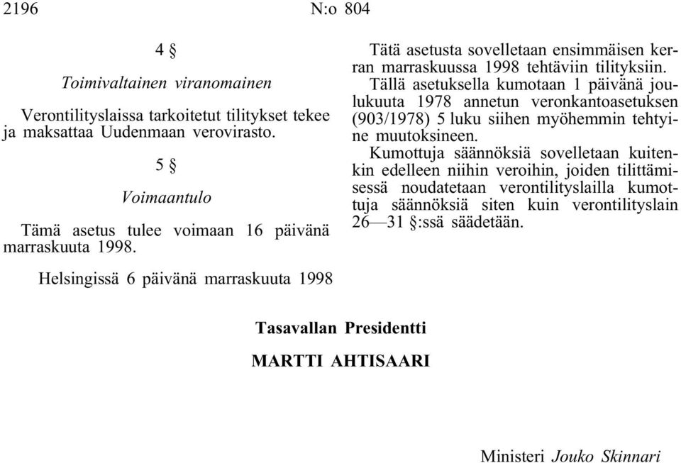Helsingissä 6 päivänä marraskuuta 1998 Tätä asetusta sovelletaan ensimmäisen kerran marraskuussa 1998 tehtäviin tilityksiin.