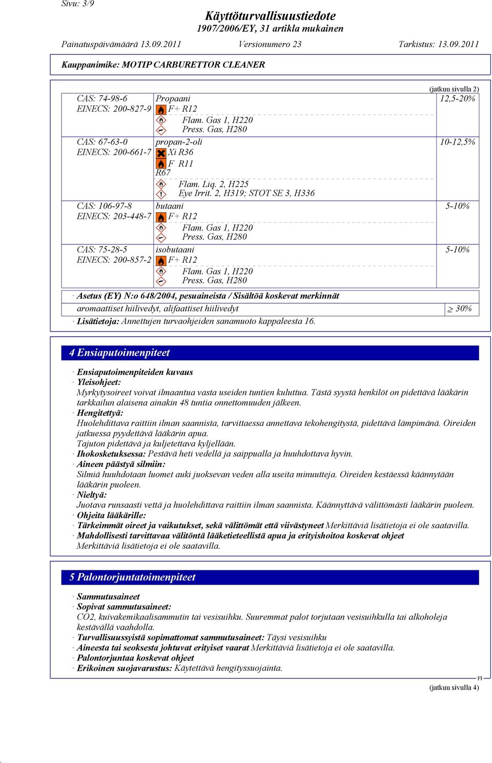 Gas, H280 isobutaani F+ R12 Flam. Gas 1, H220 Press.