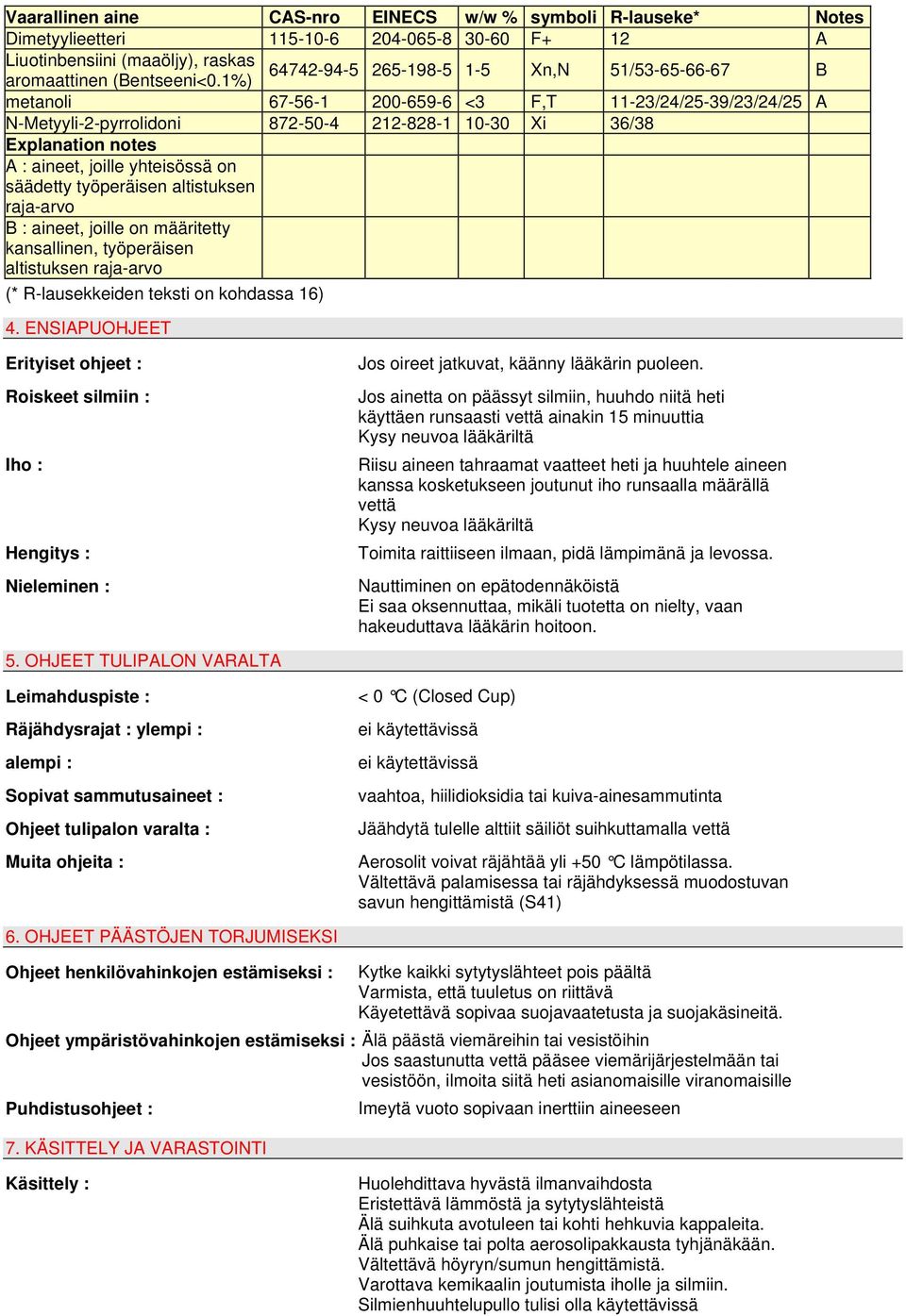 joille yhteisössä on säädetty työperäisen altistuksen raja-arvo B : aineet, joille on määritetty kansallinen, työperäisen altistuksen raja-arvo (* R-lausekkeiden teksti on kohdassa 16) 4.