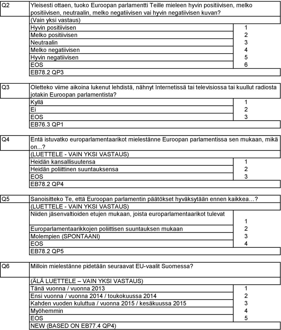 QP Oletteko viime aikoina lukenut lehdistä, nähnyt Internetissä tai televisiossa tai kuullut radiosta jotakin Euroopan parlamentista? Kyllä Ei EB76.