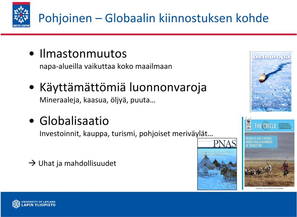 luonnonvaroja Mineraaleja, kaasua, öljyä, puuta Globalisaatio