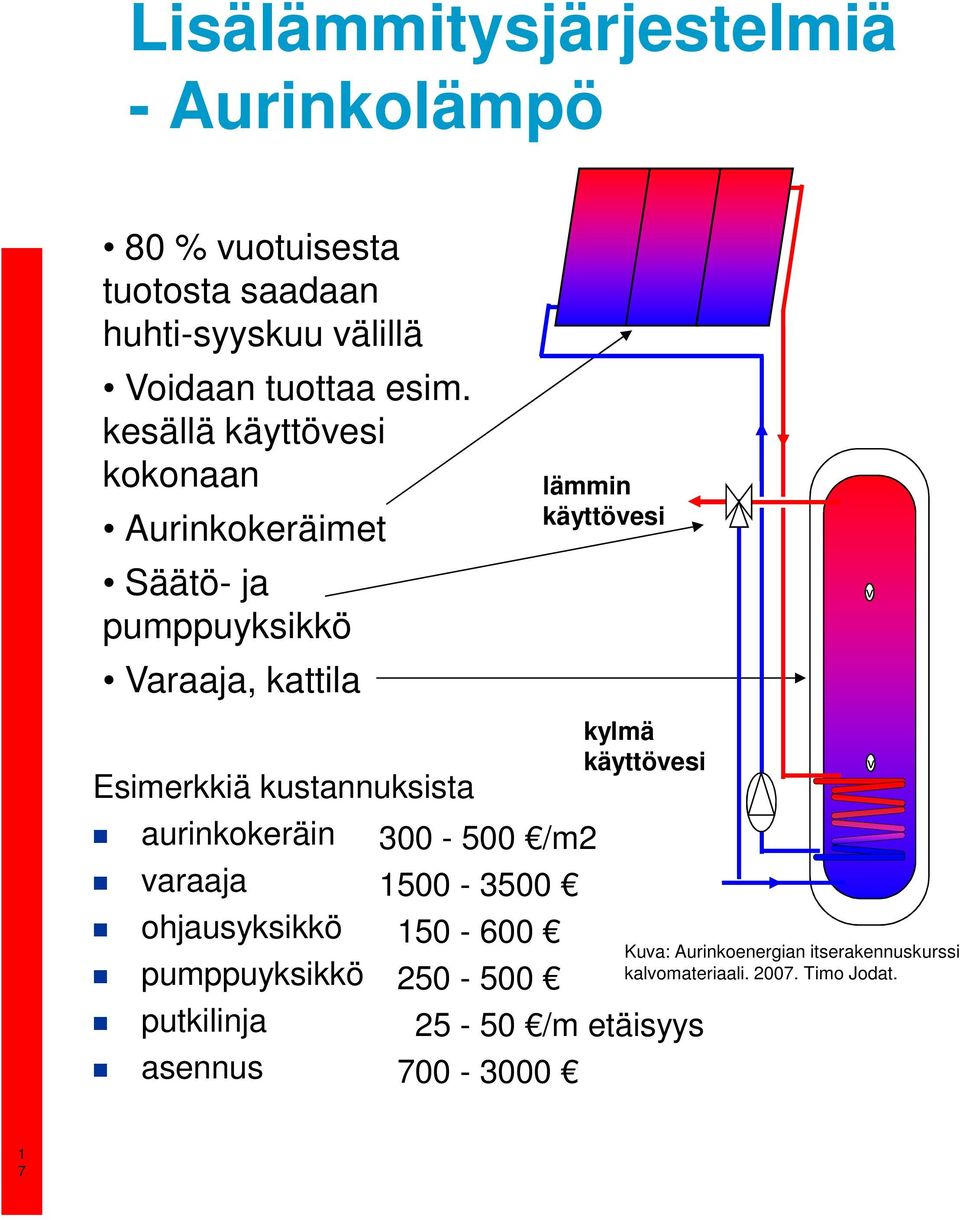 aurinkokeräin varaaja ohjausyksikkö pumppuyksikkö putkilinja asennus 300-500 /m2 500-3500 50-600 250-500 lämmin