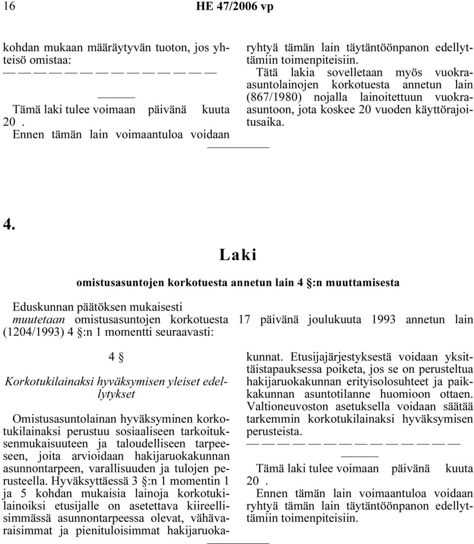 Tätä lakia sovelletaan myös vuokraasuntolainojen korkotuesta annetun lain (867/1980) nojalla lainoitettuun vuokraasuntoon, jota koskee 20 vuoden käyttörajoitusaika. 4.