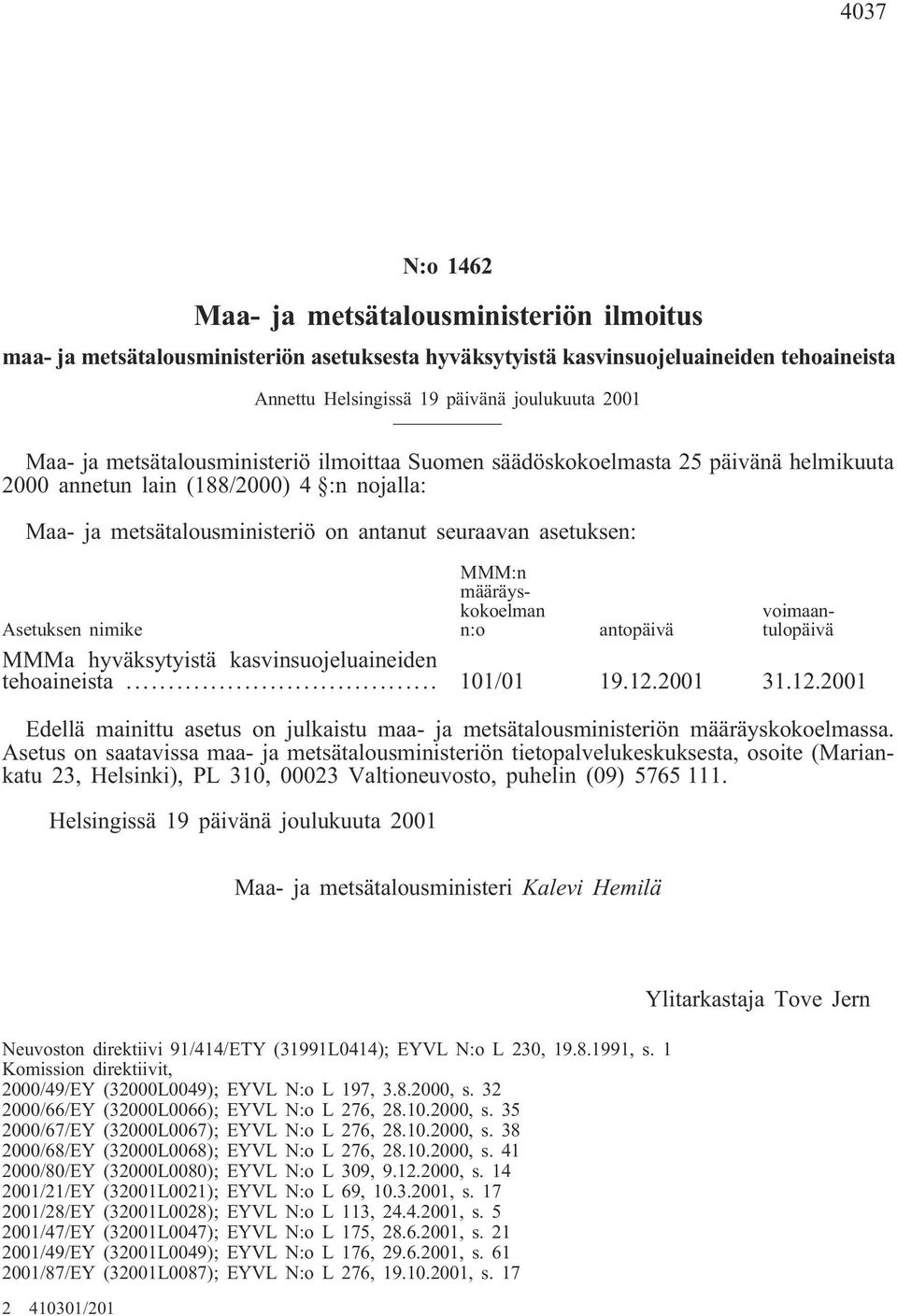 määräyskokoelman n:o voimaantulopäivä Asetuksen nimike antopäivä MMMa hyväksytyistä kasvinsuojeluaineiden tehoaineista... 101/01 19.12.