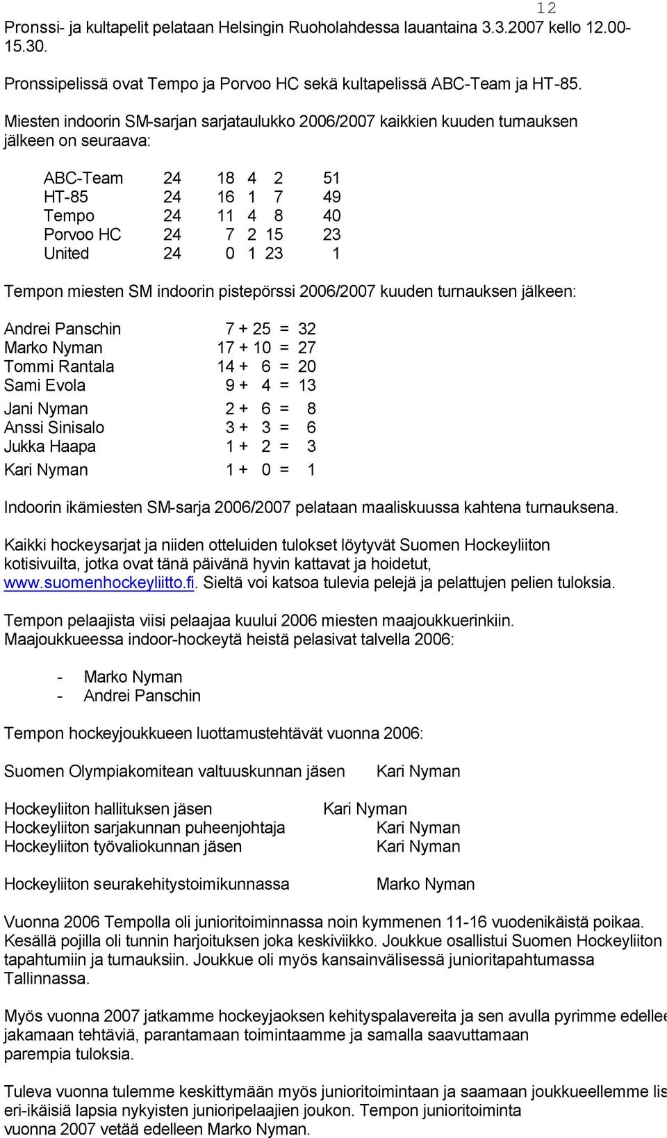 1 Tempon miesten SM indoorin pistepörssi 2006/2007 kuuden turnauksen jälkeen: Andrei Panschin 7 + 25 = 32 Marko Nyman 17 + 10 = 27 Tommi Rantala 14 + 6 = 20 Sami Evola 9 + 4 = 13 Jani Nyman 2 + 6 = 8