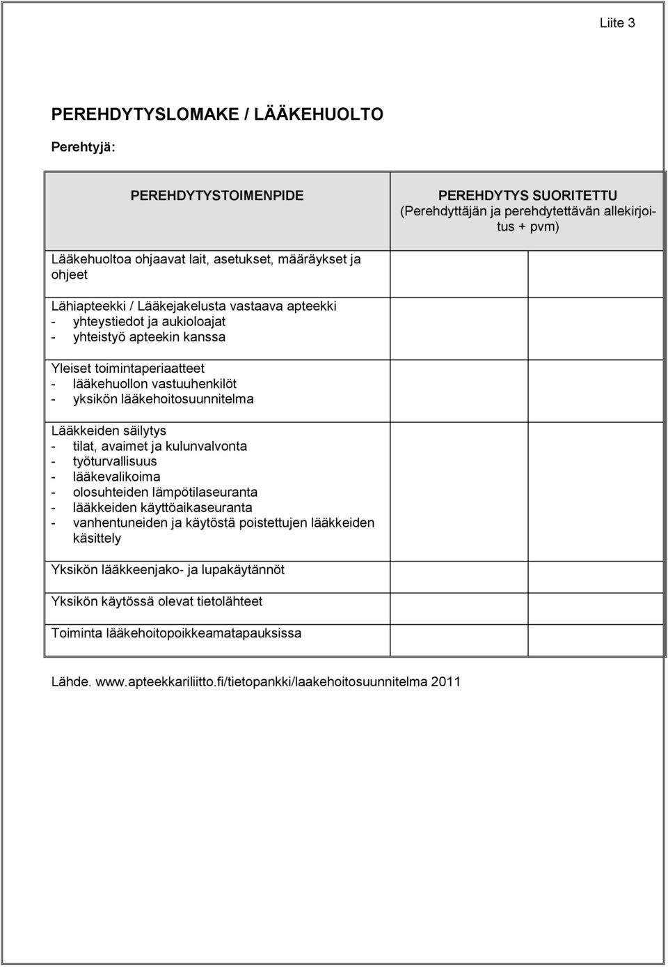 lääkehoitosuunnitelma Lääkkeiden säilytys - tilat, avaimet ja kulunvalvonta - työturvallisuus - lääkevalikoima - olosuhteiden lämpötilaseuranta - lääkkeiden käyttöaikaseuranta - vanhentuneiden ja