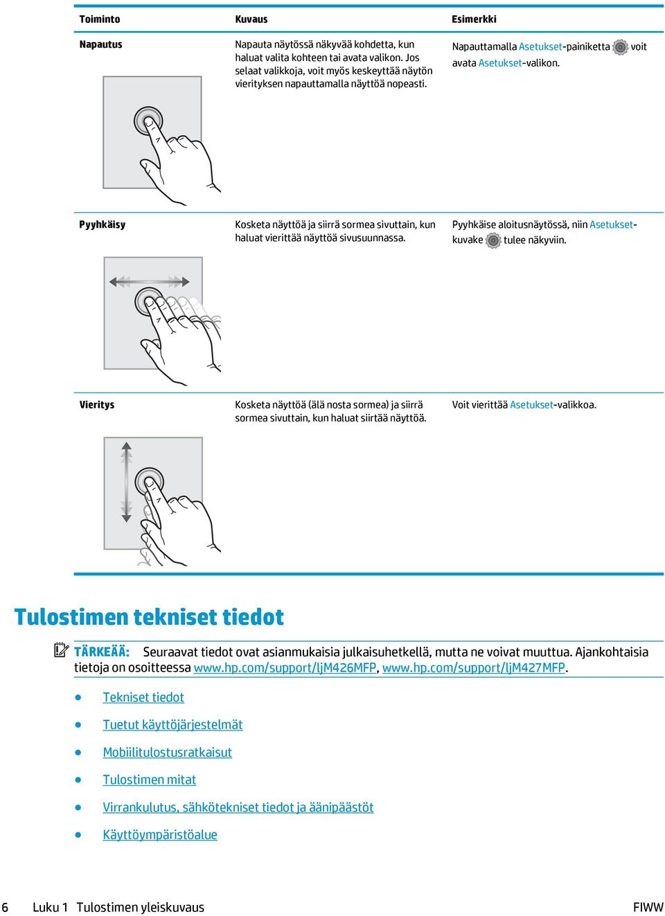 voit Pyyhkäisy Kosketa näyttöä ja siirrä sormea sivuttain, kun haluat vierittää näyttöä sivusuunnassa. Pyyhkäise aloitusnäytössä, niin Asetuksetkuvake tulee näkyviin.