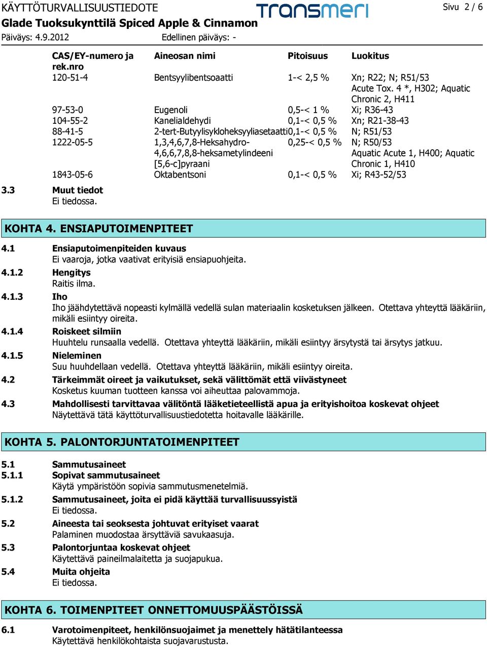1,3,4,6,7,8-Heksahydro- 4,6,6,7,8,8-heksametylindeeni [5,6-c]pyraani 0,25-< 0,5 % N; R50/53 Aquatic Acute 1, H400; Aquatic Chronic 1, H410 1843-05-6 Oktabentsoni 0,1-< 0,5 % Xi; R43-52/53 3.
