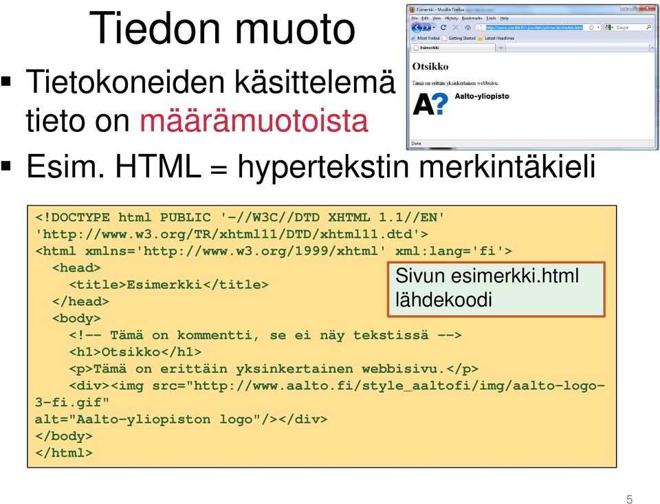 -- Tämä on kommentti, se ei näy tekstissä --> <h1>otsikko</h1> <p>tämä on erittäin yksinkertainen webbisivu.</p> Sivun esimerkki.