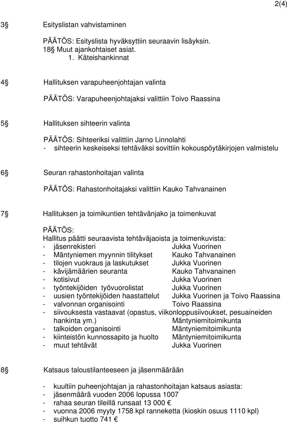 Käteishankinnat 4 Hallituksen varapuheenjohtajan valinta PÄÄTÖS: Varapuheenjohtajaksi valittiin Toivo Raassina 5 Hallituksen sihteerin valinta PÄÄTÖS: Sihteeriksi valittiin Jarno Linnolahti -