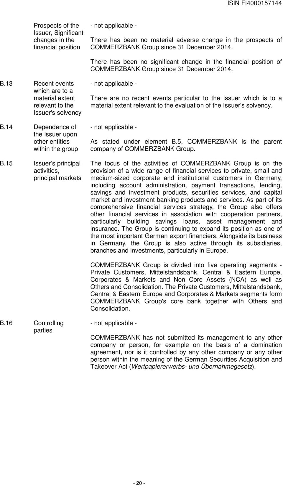 14 Dependence of the Issuer upon other entities within the group B.