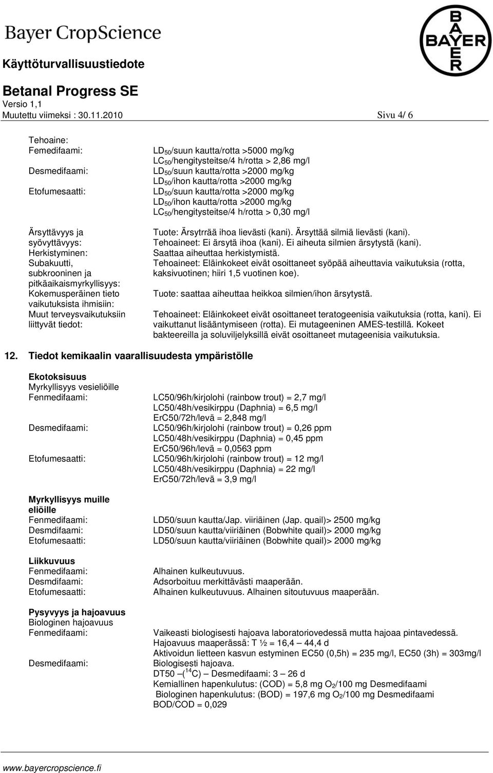 terveysvaikutuksiin liittyvät tiedot: LD 50/suun kautta/rotta >5000 mg/kg LC 50/hengitysteitse/4 h/rotta > 2,86 mg/l LD 50/suun kautta/rotta >2000 mg/kg LD 50/ihon kautta/rotta >2000 mg/kg LD 50/suun