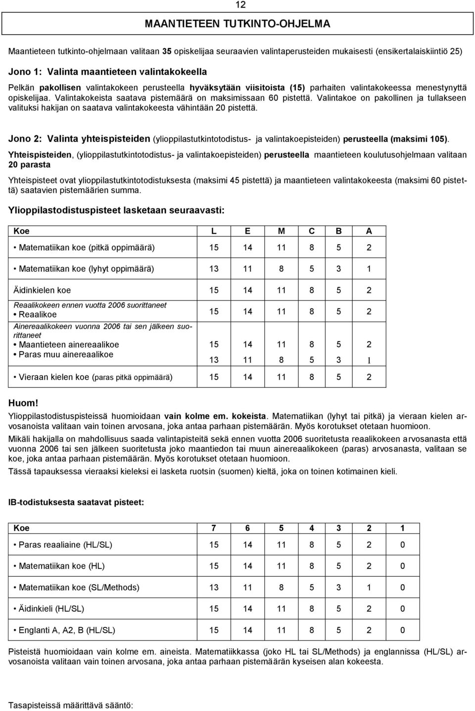 Valintakoe on pakollinen ja tullakseen valituksi hakijan on saatava valintakokeesta vähintään 20 pistettä.