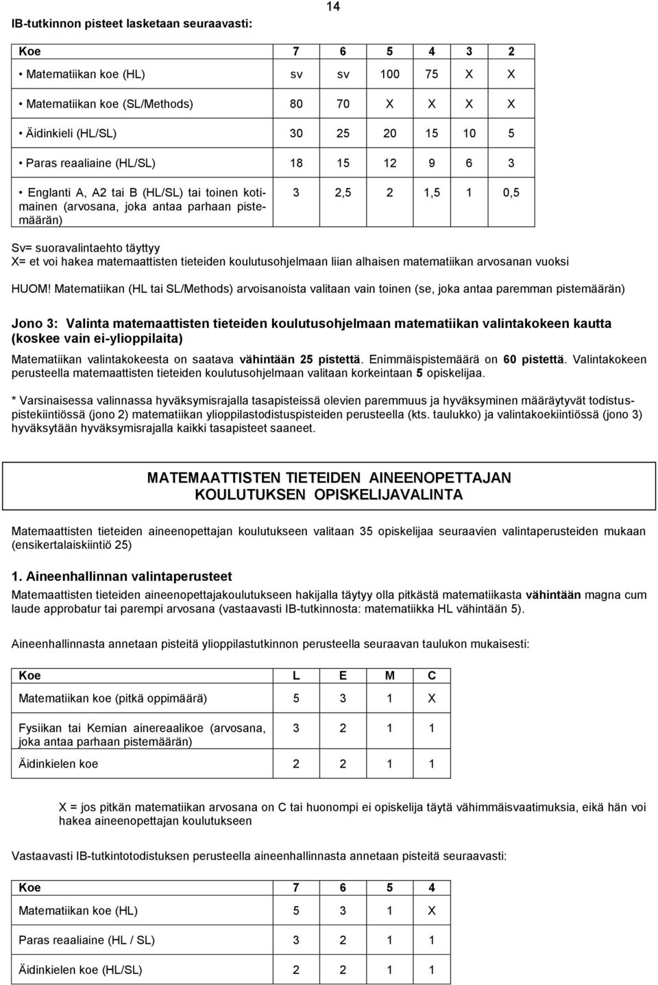 tieteiden koulutusohjelmaan liian alhaisen matematiikan arvosanan vuoksi HUOM!