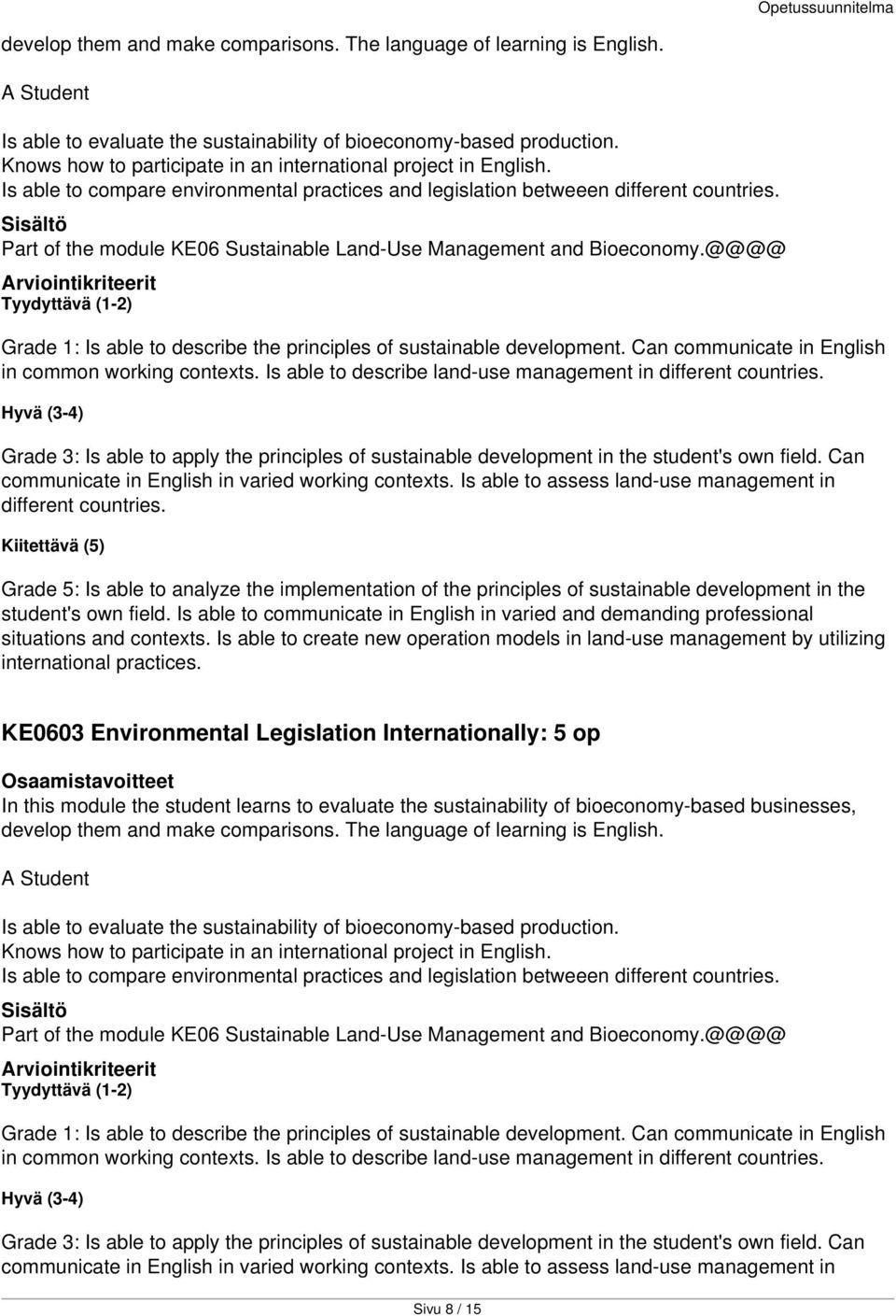 Part of the module KE06 Sustainable Land-Use Management and Bioeconomy.@@@@ Arviointikriteerit Tyydyttävä (1-2) Grade 1: Is able to describe the principles of sustainable development.