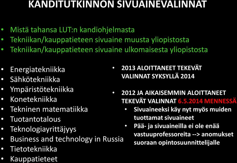 Business and technology in Russia Tietotekniikka Kauppatieteet 2013 ALOITTANEET TEKEVÄT VALINNAT SYKSYLLÄ 2014 2012 JA AIKAISEMMIN ALOITTANEET TEKEVÄT