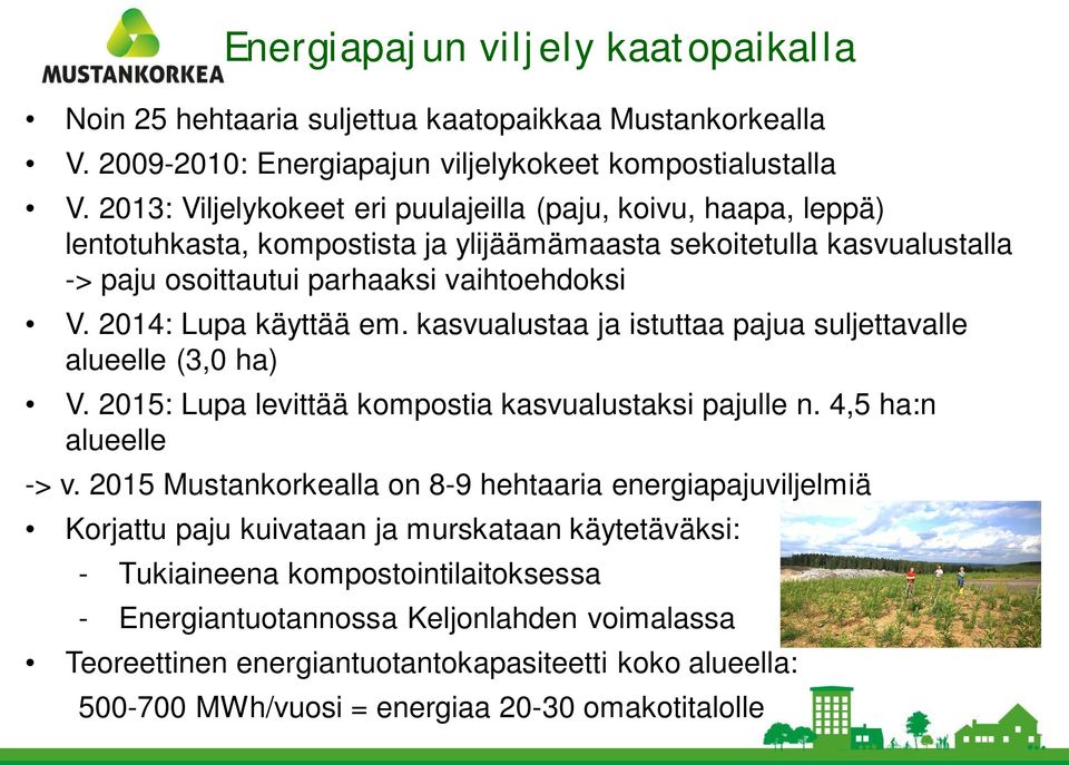 2014: Lupa käyttää em. kasvualustaa ja istuttaa pajua suljettavalle alueelle (3,0 ha) V. 2015: Lupa levittää kompostia kasvualustaksi pajulle n. 4,5 ha:n alueelle -> v.